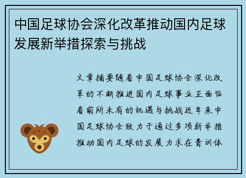 中国足球协会深化改革推动国内足球发展新举措探索与挑战