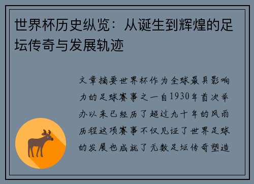 世界杯历史纵览：从诞生到辉煌的足坛传奇与发展轨迹