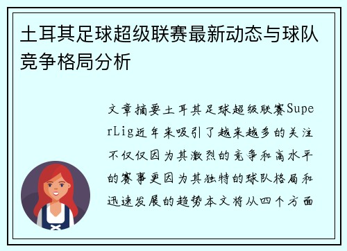 土耳其足球超级联赛最新动态与球队竞争格局分析