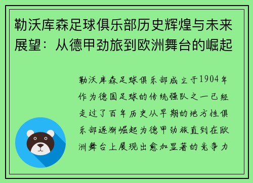 勒沃库森足球俱乐部历史辉煌与未来展望：从德甲劲旅到欧洲舞台的崛起