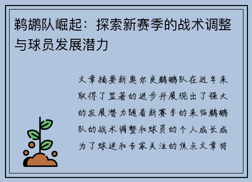 鹈鹕队崛起：探索新赛季的战术调整与球员发展潜力