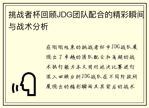 挑战者杯回顾JDG团队配合的精彩瞬间与战术分析